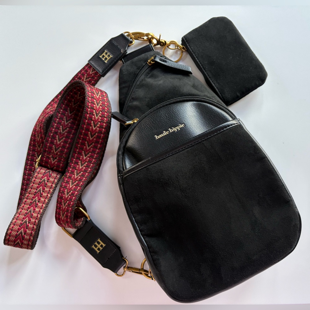 Haute Hippie Suede Crossbody Sling Bag Black Guitar Strap Style Strap SPOTLESS
